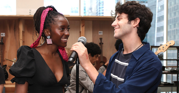 a woman and a man smiling