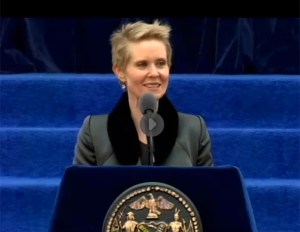 Tony Winners Cynthia Nixon and Patina Miller Welcome New York City Mayor Bill de Blasio to Office