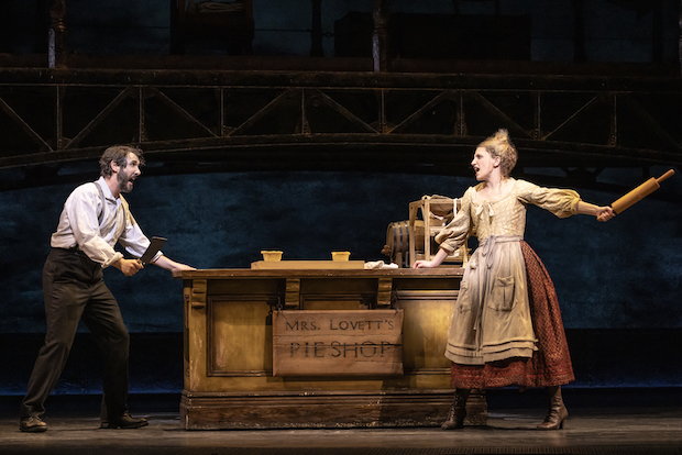 Josh Groban holds a meat cleaver, and Annaleigh Ashford holds a rolling pin in the Broadway revival of Sweeney Todd. 