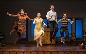 Four actors jump for joy in Merrily We Roll Along