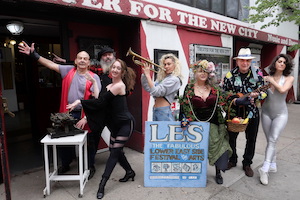 Artists participating in the 2023 Lower East Side Festival of the Arts. L-R: Stephan Morrow, David F. Slone, Esq.; Toni Renee Taylor, Danielle Aziza, Lissa Moira, Richard West, Dani. Photo by Joe Bly.