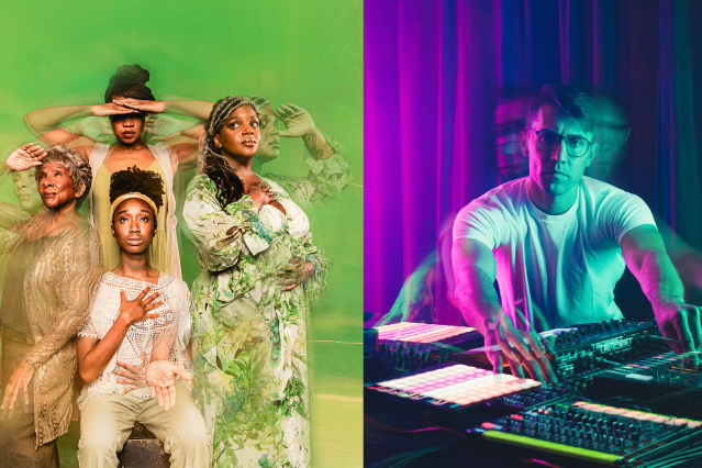 Promotional images for <I>(pray)</I> and <I>Travels</I>, the two main productions of the 2023-24 season at Ars Nova. <br>(© Marc J. Franklin)