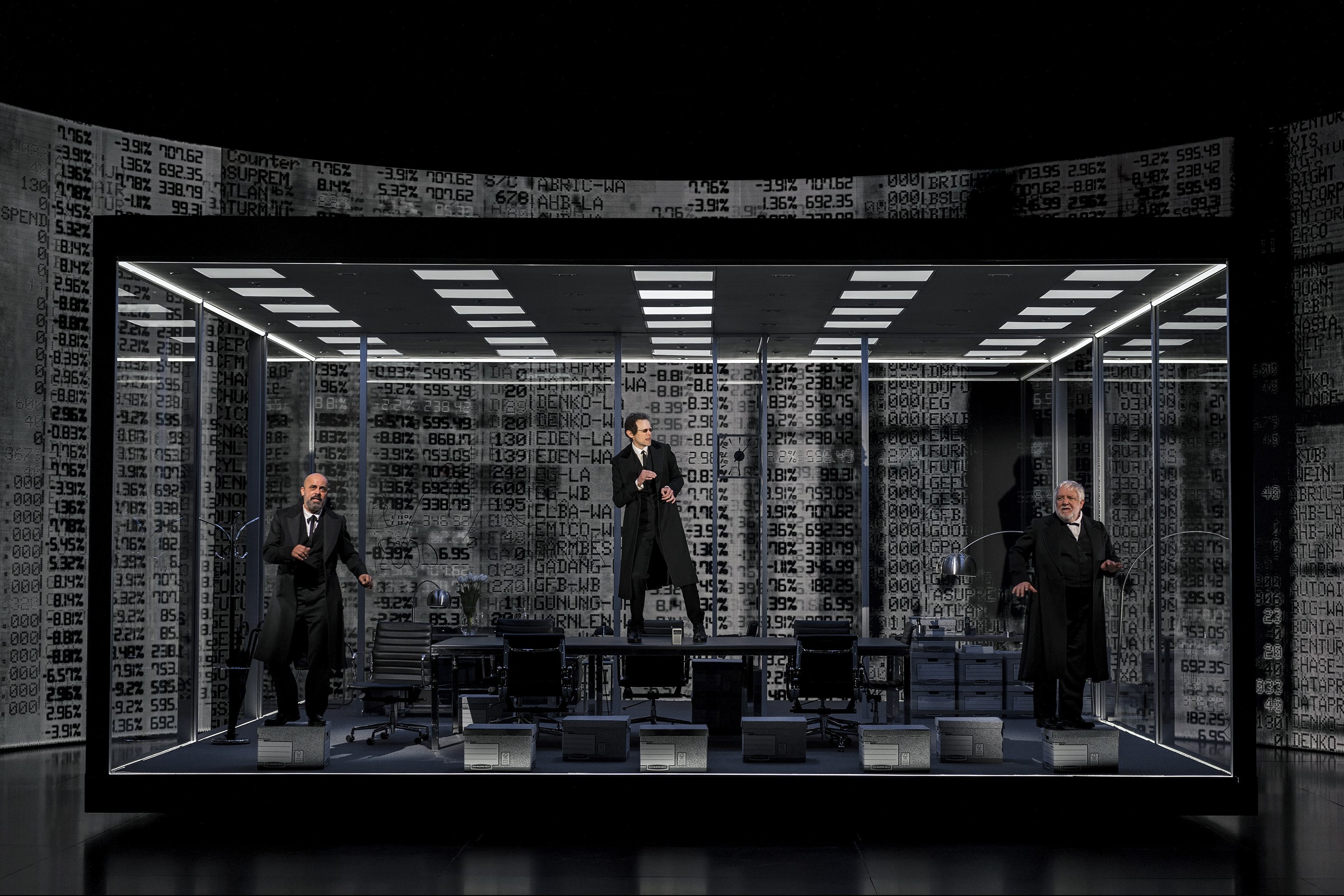 The Lehman Trilogy featuring 2022 Cast L to R Howard W. Overshown, Adam Godley, Simon Russell Beale at Ahmanson Theatre LA. © Craig Schwartz