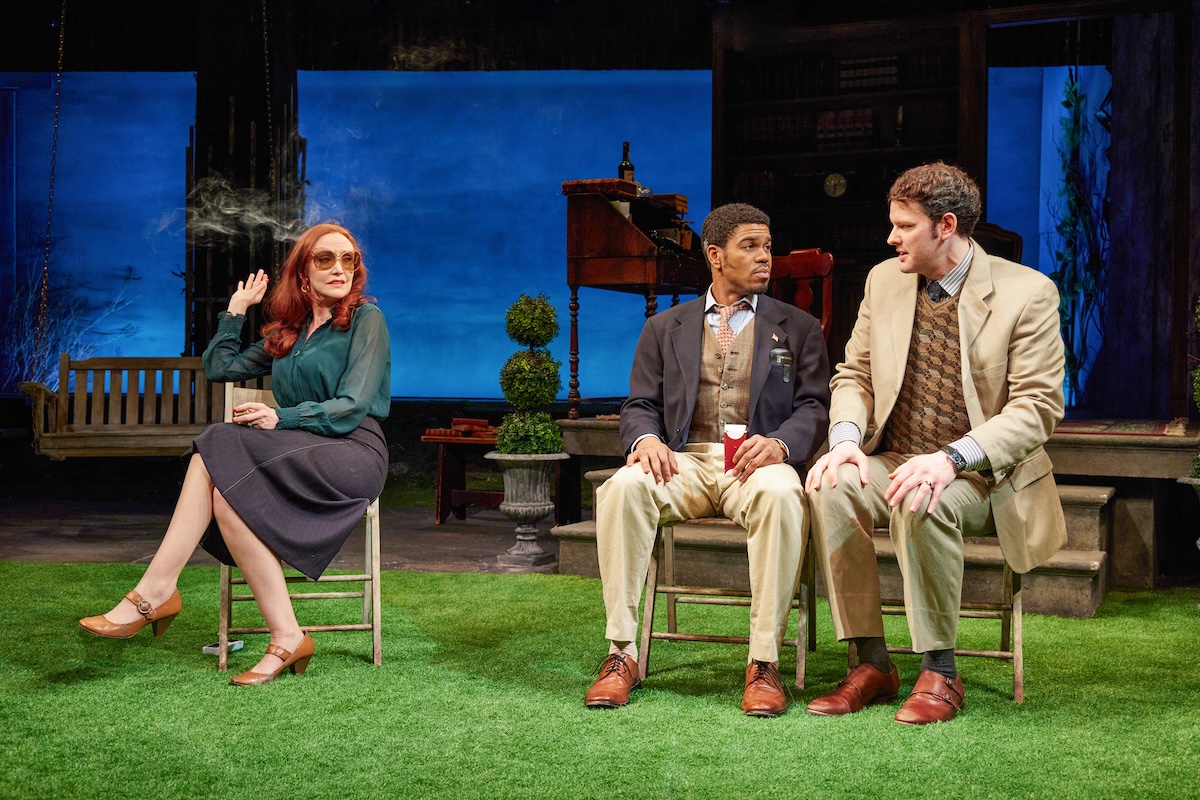 Sarah Street, Roger Dominic Casey, and Tom Holcomb in Irish Rep's 2024 production of ARISTOCRATS   Photo by Jeremy Daniel