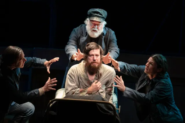 Stark Sands, John Gallagher, Jr., Wayne Duvall, and Adrian Blake Enscoe in SWEPT AWAY. Photo by Julieta Cervantes