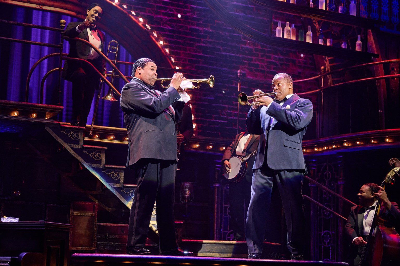 1677 James Monroe Iglehart as Louis Armstrong and Gavin Gregory as King Joe Oliver and Company in A Wonderful World The Louis Armstrong Musical. ©Jeremy Daniel