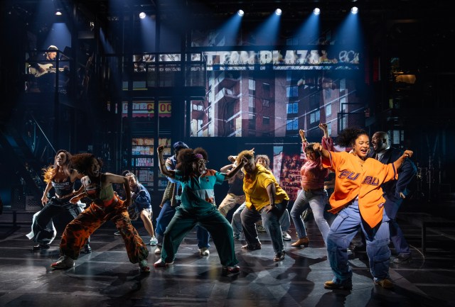 Maleah Joi Moon (foreground) and the company of <i>Hell’s Kitchen</i> at the Public Theater (© Joan Marcus)