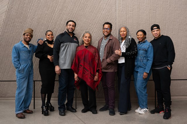 (left to right) Jon Michael Hill, Ayanna Bria Bakari, Harry Lennix, director Phylicia Rashad, playwright Branden Jacobs-Jenkins, Tamara Tunie, Alana Arenas, and Glenn Davis (© Joel Moorman)