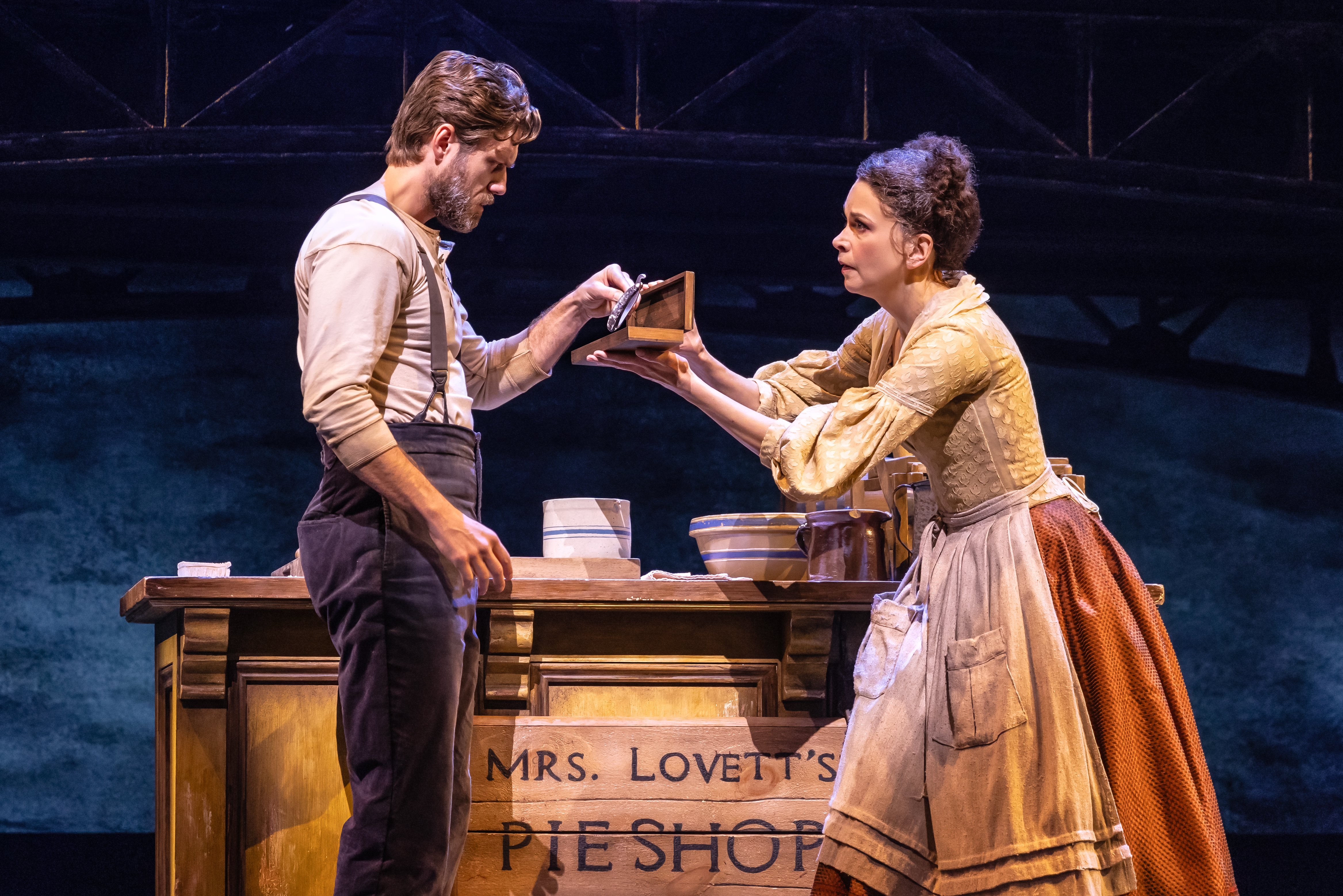 Aaron Tveit and Sutton Foster in the 2023 Broadway production of SWEENEY TODD, Photo by Matthew Murphy and Evan Zimmerman (1)