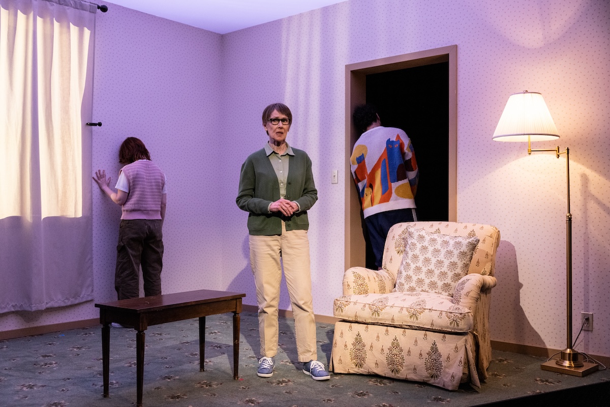 Susannah Perkins, Susan Blommaert, and Naren Weiss in Clubbed Thumb's 2024 production of GRIEF HOTEL at The Public Photography by Maria Baranova