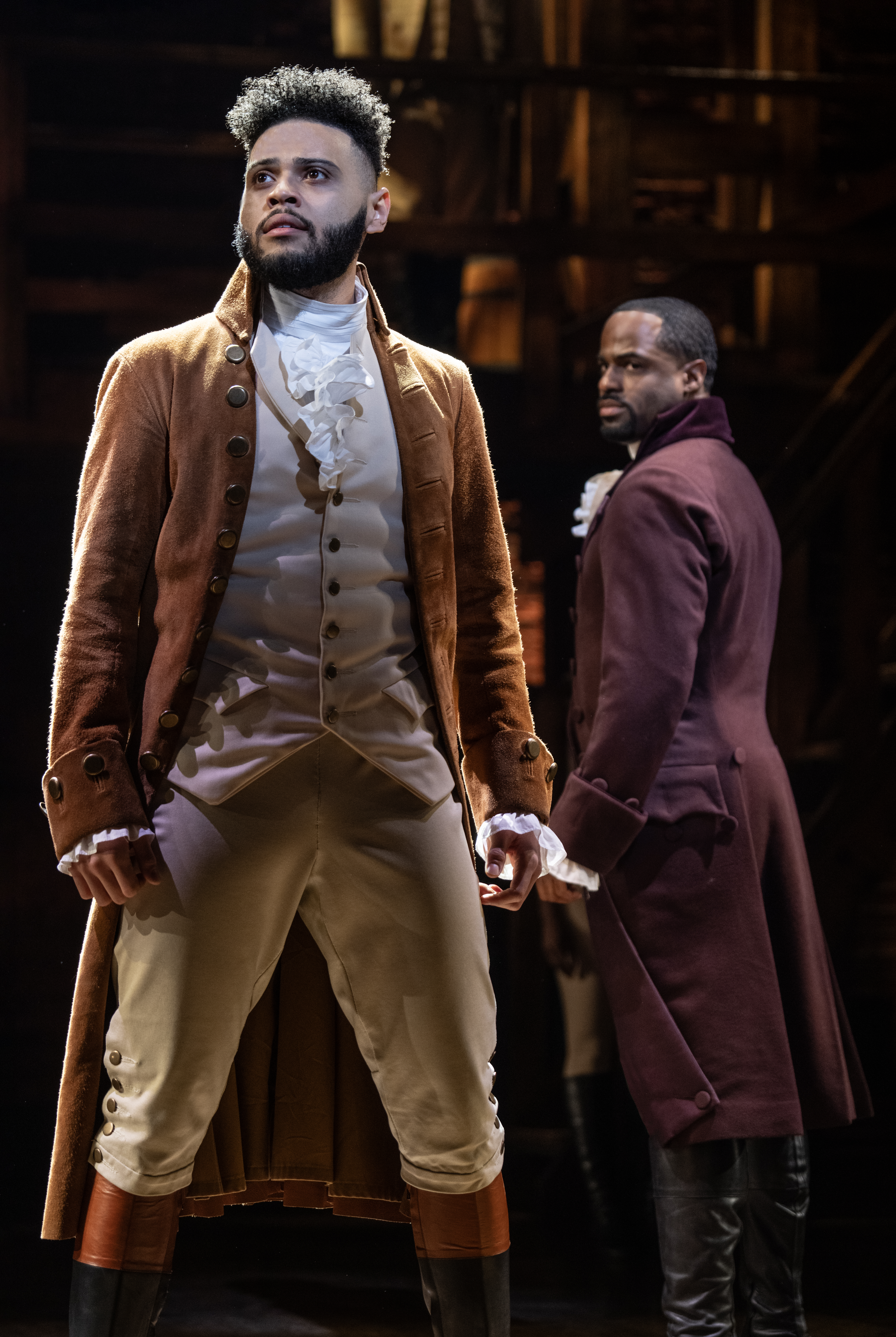 Trey Curtis and Jared Dixon in <i>Hamilton</i> on Broadway (© Joan Marcus)