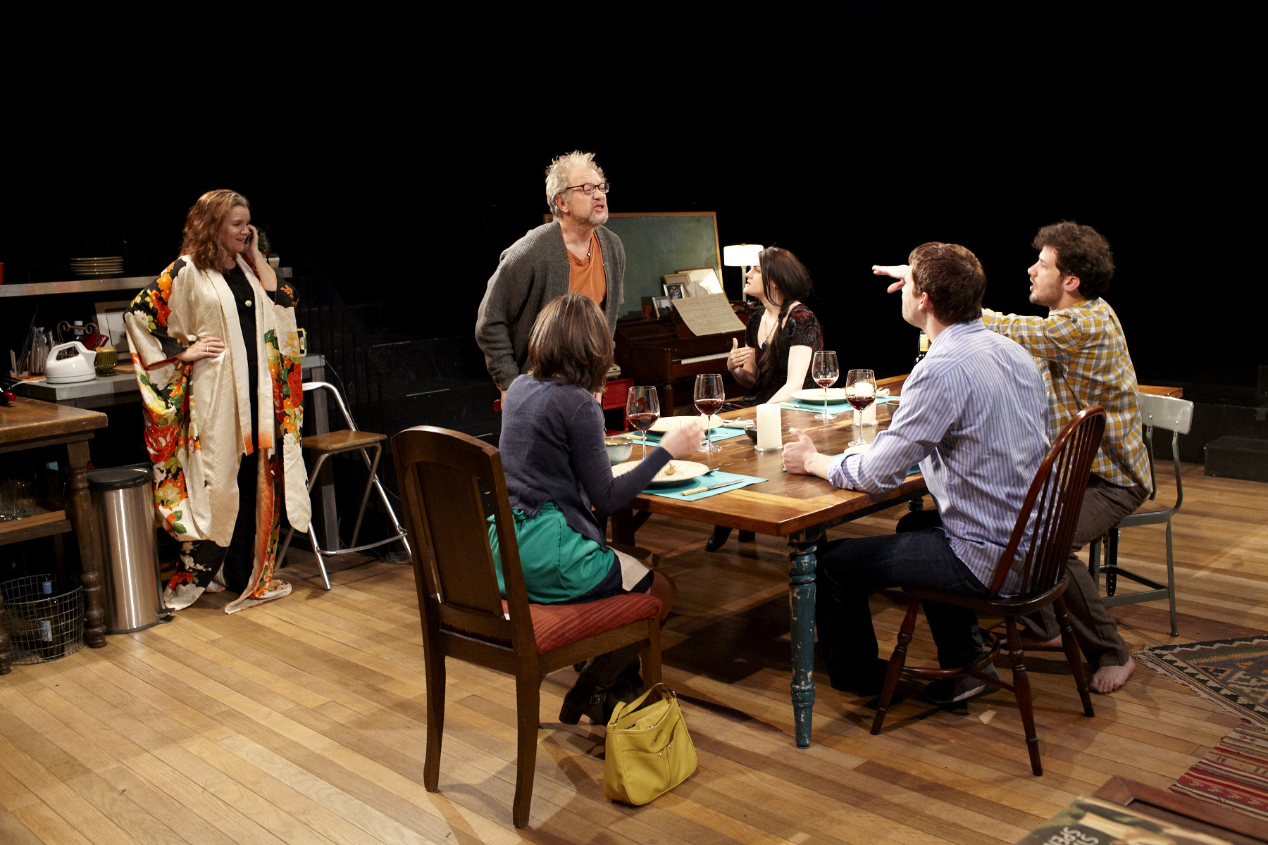 L to R Mare Winningham Jeff Perry Susan Pourfar Gayle Rankin Russell Harvard and Will Brill in the NY premiere of Nina Raine’s TRIBES at Barrow Street Theatre directed by David Cromer.
