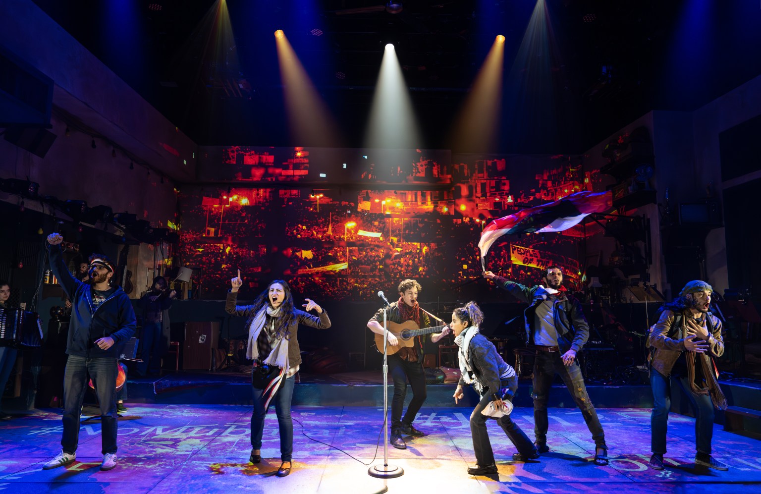 Michael Khalid Karadsheh, Nadina Hassan, Ali Louis Bourzgui, Rotana Tarabzouni, Drew Elhamalawy and John El Jor in WE LIVE IN CAIRO at New York Theatre Workshop, Photo by Joan Marcus