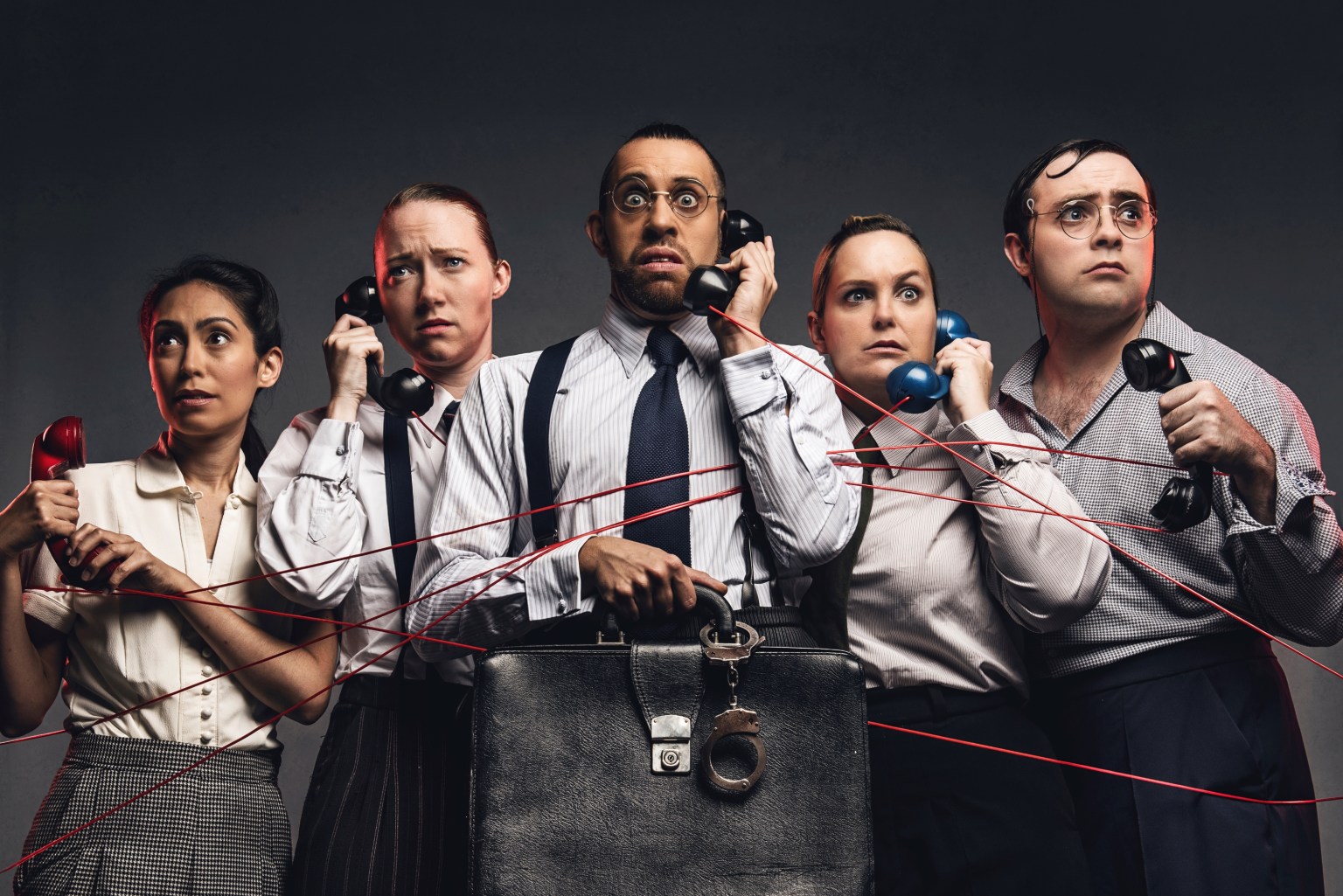 Operation Mincemeat left to right is Claire Marie Hall, Natasha Hodgson, David Cumming, Zoe Roberts, Jak Malone. Credit Matt Crockett