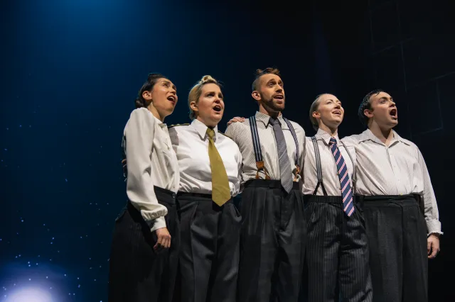 Operation Mincemeat left to right is Claire Marie Hall, Zoe Roberts, David Cumming, Natasha Hodgson and Jak Malone. Credit Matt Crockett (1)