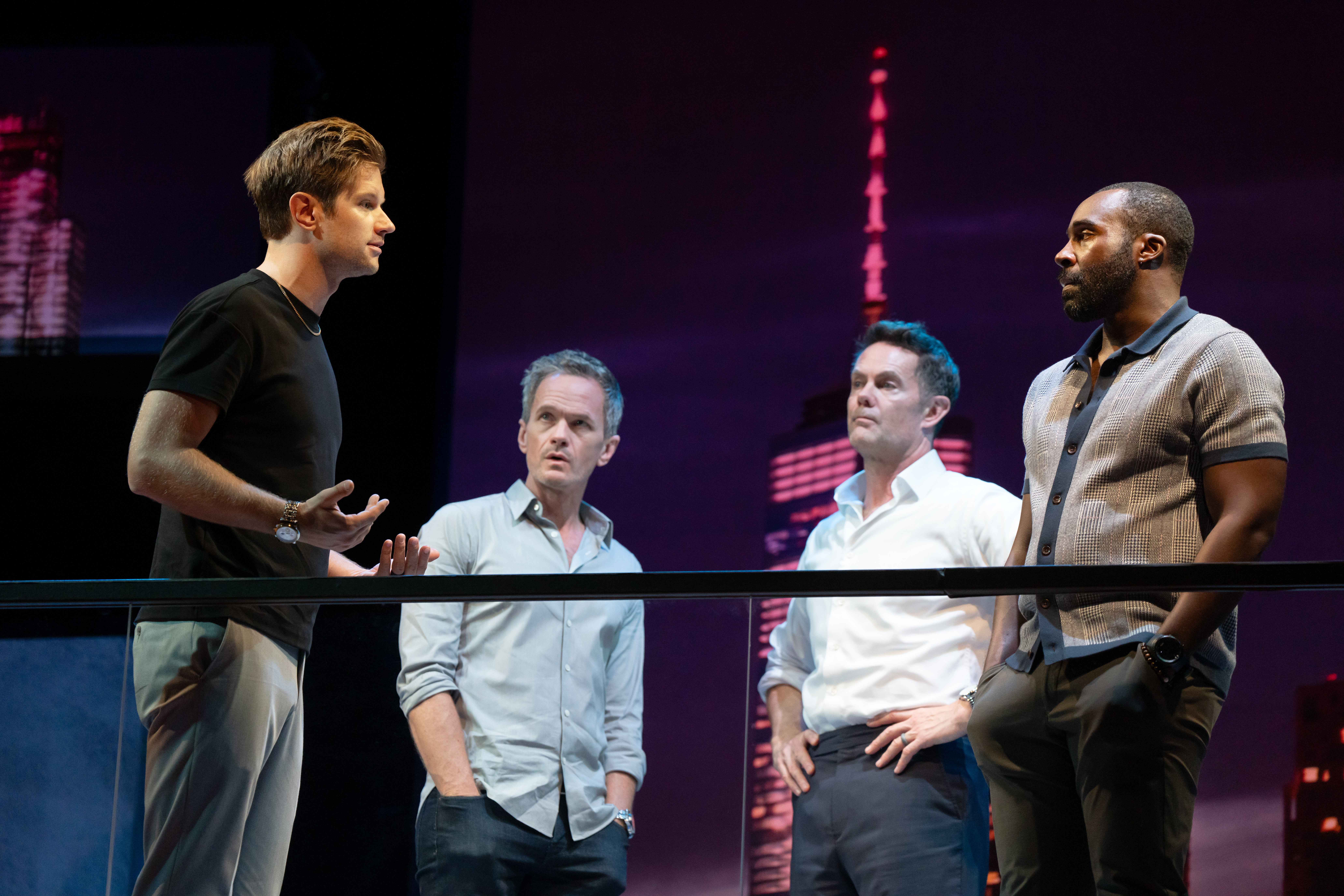 Michael Oberholtzer, Neil Patrick Harris, Garret Dillahunt, and Tramell Tillman in MCC Theater's 2024 production of SHIT. MEET. FAN. Photography by Julieta Cervantes