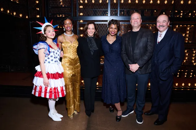 Jordan Tyson, Joy Woods, Kamala Harris, Audra McDonald, Doug Emhoff & Danny Burstein Photo by Jenny Anderson