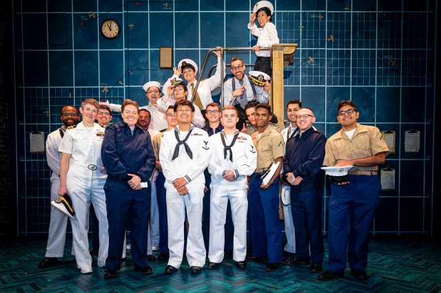 Cast of <i>Operation Mincemeat</i> with service members (© Nicole Wilson)