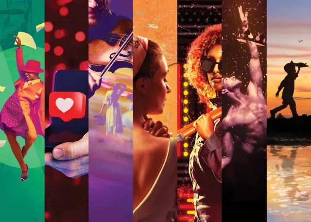 Mosaic of show art provided by Signature Theatre