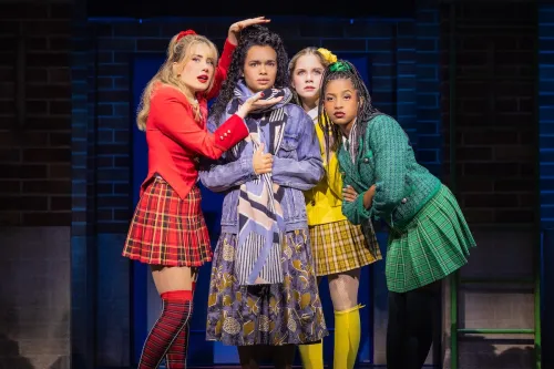 0357 McKenzie Kurtz (Heather Chandler), Lorna Courtney (Veronica Sawyer), Elizabeth Teeter (Heather McNamara) and Olivia Hardy (Heather Duke) in Heathers The Musical. ©Evan Zimmerman for MurphyMade