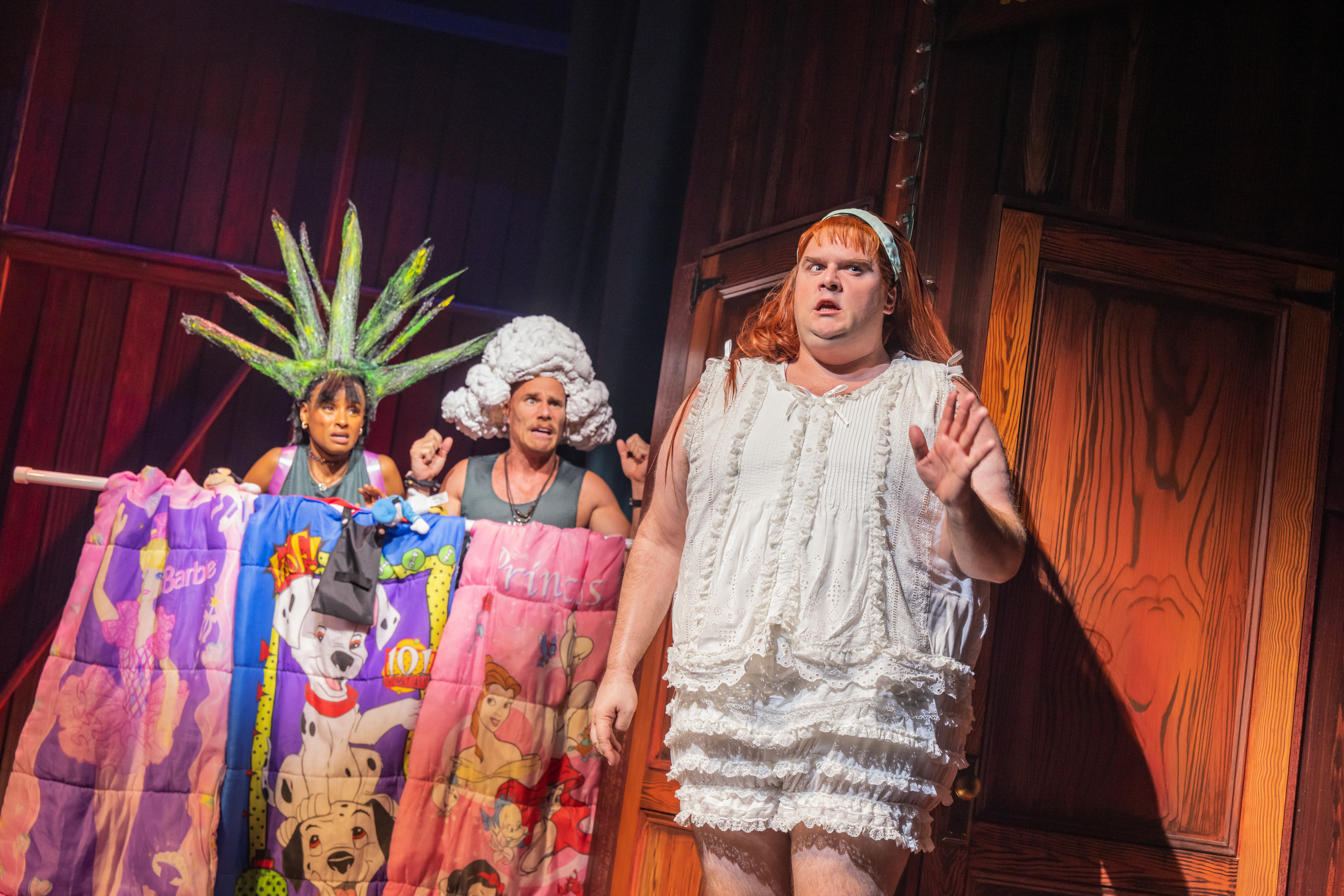 Lakisha May, Matthew Wilkas, and Russell Daniels in <i>Ginger Twinsies</i>, written and directed by Kevin Zak, at the Orpheum Theatre.<br>(© Matthew Murphy)