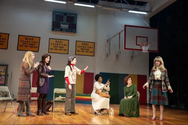 l-r: Susannah Flood, Irene Sofia Lucio, Adina Verson, Kristolyn Lloyd, Betsy Aidem, Audrey Corsa in <i>Liberation</i> off-Broadway (© Joan Marcus)