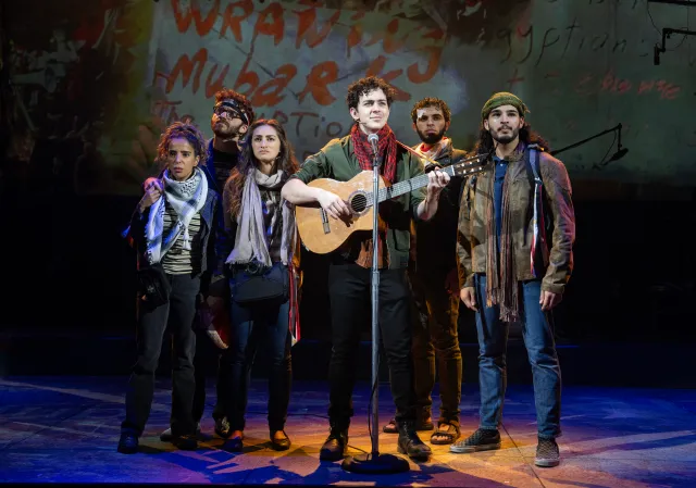 Rotana Tarabzouni, Michael Khalid Karadsheh, Nadina Hassan, Ali Louis Bourzgui, Drew Elhamalawy, and John El Jor in <i>We Live in Cairo</i> at New York Theatre Workshop (© Joan Marcus)