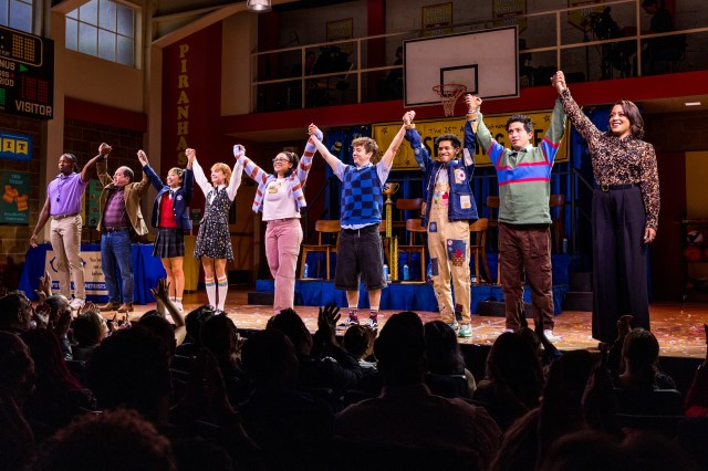 L to R: Matt Manuel, Jason Kravits, Leana Rae Concepcion, Autumn Best, Jasmine Amy Rogers, Kevin McHale, Justin Cooley, Philippe Arroyo, and Lilli Cooper (© Tricia Baron)
