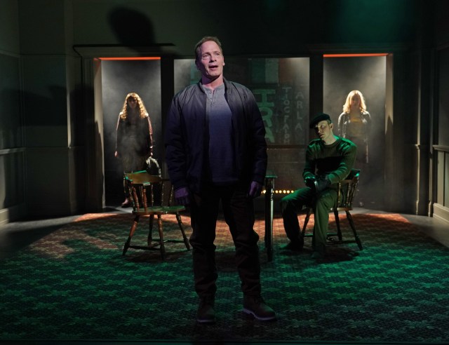 Doireann Mac Mahon, Michael Hayden, Harrison Tipping, and Annabelle Zasowski in Irish Rep's 2025 production of <i>The Honey Trap</i> (© Carol Rosegg)