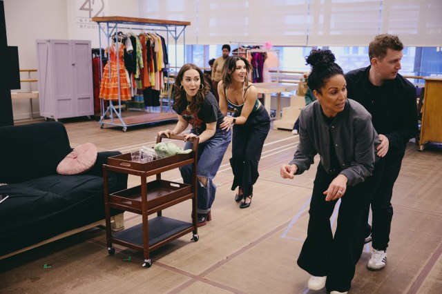Jessica Vosk and Kelli Barrett rehearse with choreographer Jennifer Rias and her associate Travis Waldschmidt (© Jenny Anderson) Jessica Vosk and Kelli Barrett rehearse with choreographer Jennifer Rias and her associate Travis Waldschmidt (© Jenny Anderson)