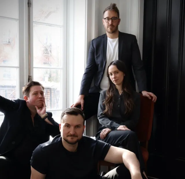 (L-R) James Clements (writer), Danilo Gambini (director), Sam Hood Adrain (co-artistic director), Baize Buzan (Leni Riefenstahl) (© Federica Borlenghi)