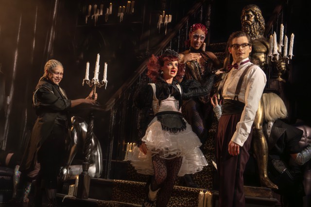 (l to r) Amber Gray (Riff Raff), Juliette Lewis (Magenta), Michaela Jaé Rodriguez (Columbia), and Andrew Durand (Brad) (© Joan Marcus)