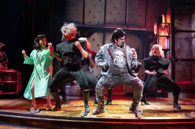 (l to r) Stephanie Hsu (Janet), Paul Soileau (Phantom/Ensemble), Harvey Guillén (Eddie/Dr. Scott), Caleb Quezon (Phantom/Ensemble), and Larkin Reilly (Phantom/Ensemble) (© Joan Marcus)