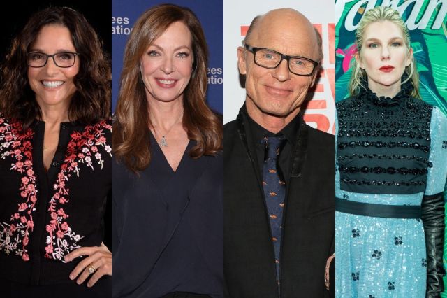 Group of four celebrities at an event: Debra Messing in a floral cardigan, Laura Linney in navy, Jeff Goldblum in a black suit, Cate Blanchett in teal sequined dress.