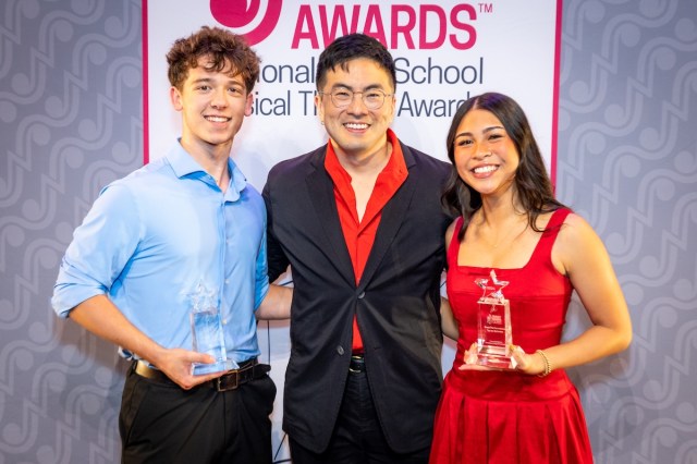 Jake James, Bowen Yang, and Samia Posadas (1) Photo by Tricia Baron, Courtesy of The Broadway League