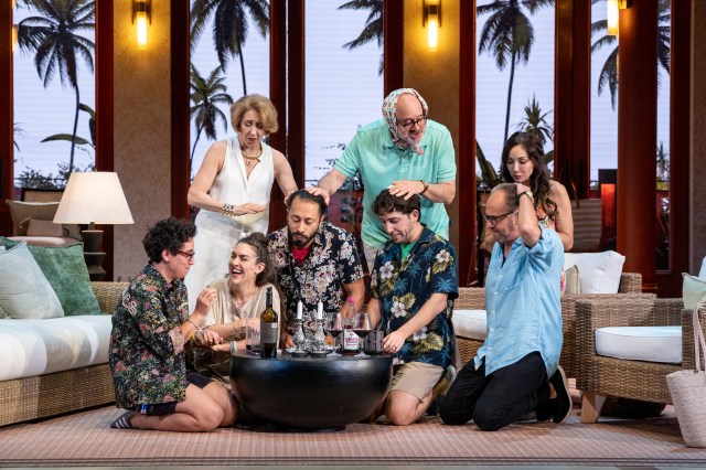 (L R back) Joanna Glushak, Adam Grupper, Yvette Gonzalez Nacer. (L R front) Shira Alon, Dani Stoller, William DeMeritt, Coby Getzug, Gregg Weiner in THE ZIONISTS, A FAMILY STORM. photo by Daniel Rader