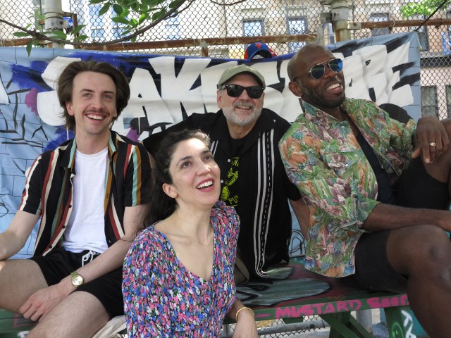 Cast members of <i>As You Like It</i>: L-R: Andy Rowell (Touchstone), Lia Bonfilio (Rosalind), Dave Marantz (Jaques), and Emanuel Elpenord (Oliver) (© Jonathan Slaff) Cast members of <i>As You Like It</i>: L-R: Andy Rowell (Touchstone), Lia Bonfilio (Rosalind), Dave Marantz (Jaques), and Emanuel Elpenord (Oliver) (© Jonathan Slaff)