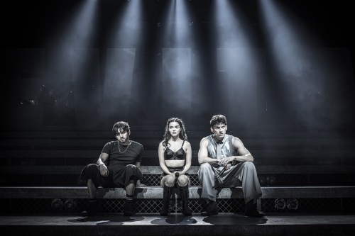 Evita. Diego Andres Rodriguez (Che), Rachel Zegler (Eva Perón) & James Olivas (Juan Perón). Credit Marc Brenner. 07543