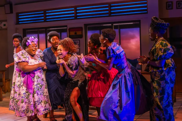 Denée Benton, Erin Morton, Lucia Aremu, Jasmine Amy Rogers, Nia Otchere Sarfo, Jordan Rice, and Heather Alicia Simms in <i>School Girls; or, The African Mean Girls Play</i> (© Matthew Murphy) Denée Benton, Erin Morton, Lucia Aremu, Jasmine Amy Rogers, Nia Otchere Sarfo, Jordan Rice, and Heather Alicia Simms in <i>School Girls; or, The African Mean Girls Play</i> (© Matthew Murphy)