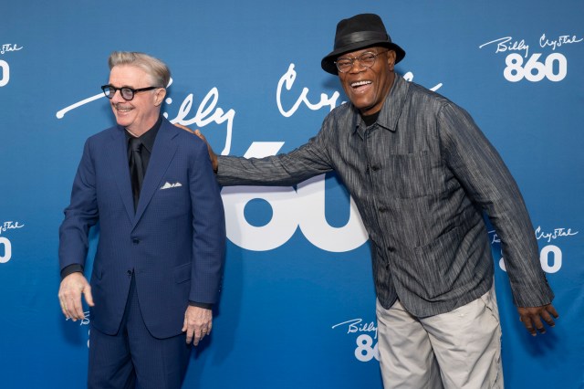 Nathan Lane and Samuel L. Jackson at the opening night of Billy Crystal's <i>860</i> (© Eric Acquaye)