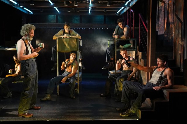 John Keating (second from left), Jon Beavers (far right), and the ensemble of Irish Repertory Theatre's 2026 production of THE HAIRY APE Photo by Carol Rosegg